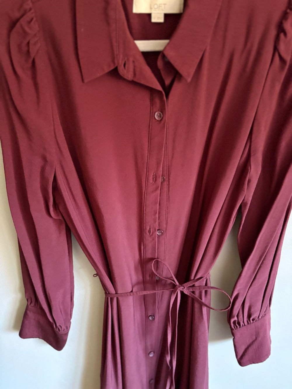 LOFT Burgundy Long-Sleeve Button-Front Shirt Dress - Picture 2 of 4